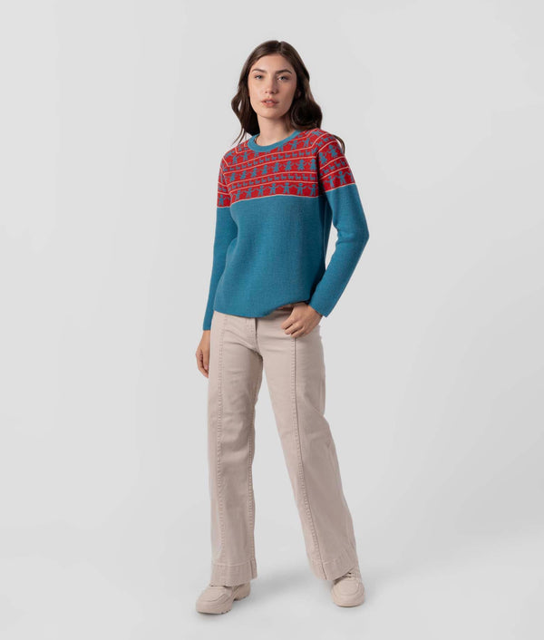 Jacquard Rising Crew Neck Sweater - Larkspur Blue And Shiraz Red