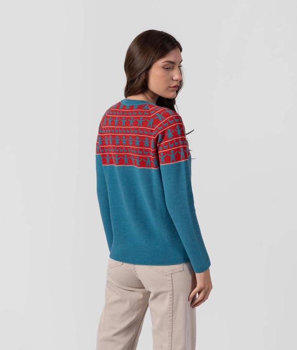 Jacquard Rising Crew Neck Sweater - Larkspur Blue And Shiraz Red