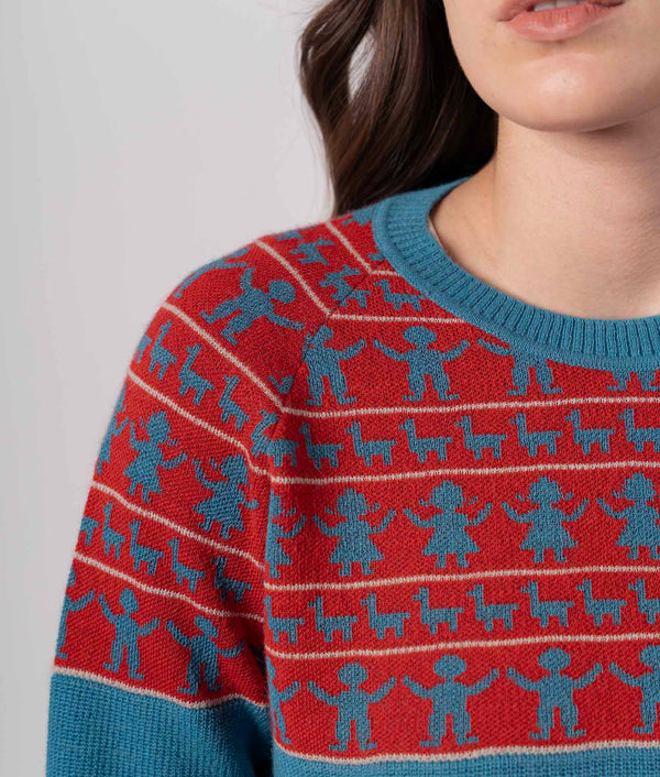 Jacquard Rising Crew Neck Sweater - Larkspur Blue And Shiraz Red