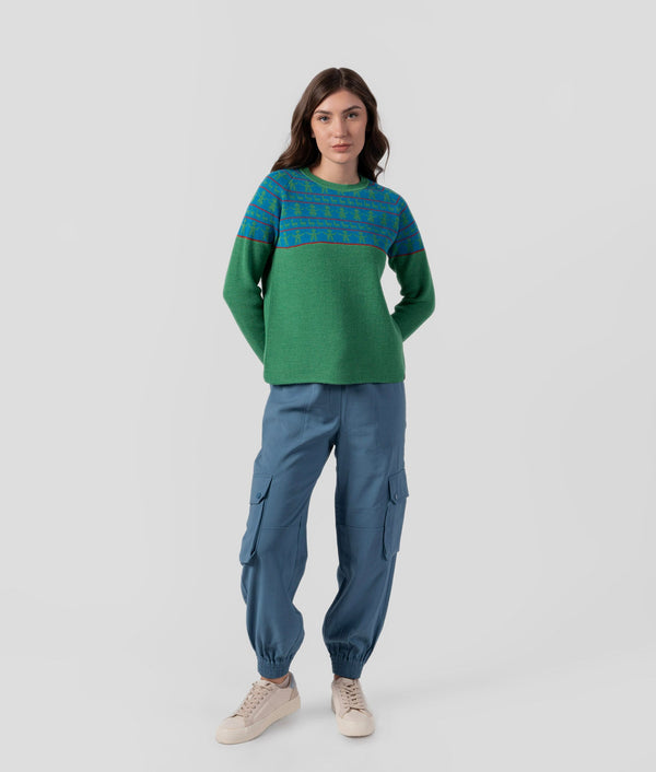 Jacquard Rising Crew Neck Sweater - Emerald Green And Bright Blue