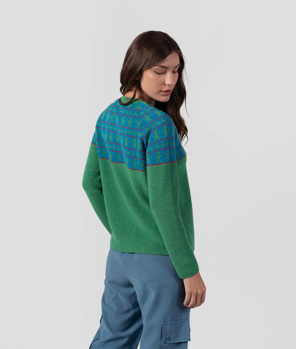 Jacquard Rising Crew Neck Sweater - Emerald Green And Bright Blue