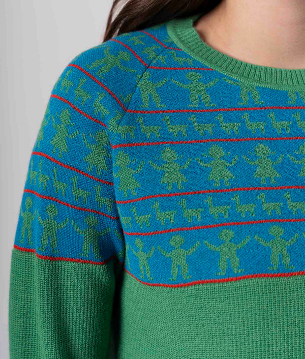 Jacquard Rising Crew Neck Sweater - Emerald Green And Bright Blue
