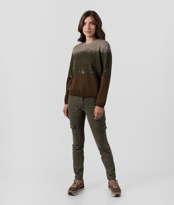 Mediated Edited Crew Neck Sweater - Dark Olive Green And Earthy Brown