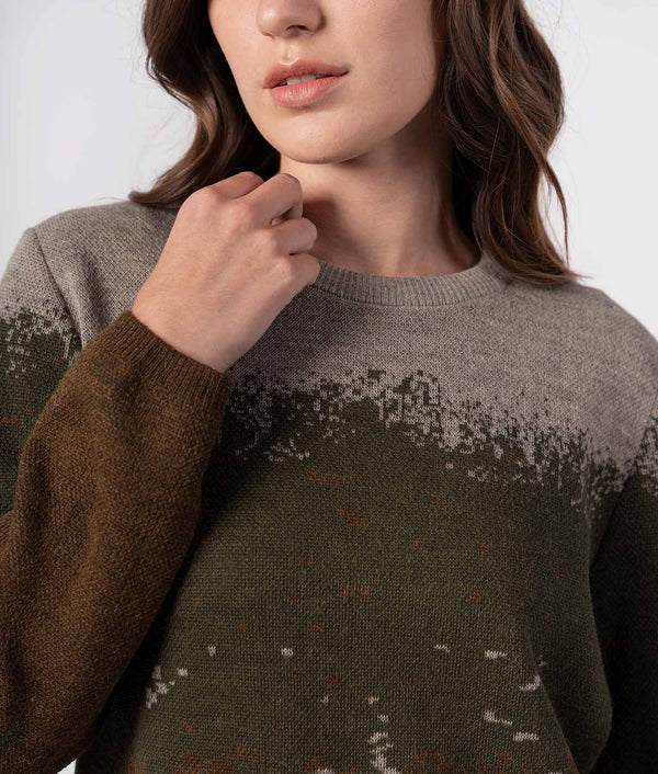 Mediated Edited Crew Neck Sweater - Dark Olive Green And Earthy Brown