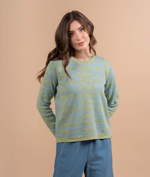 Mountains Crew Neck Sweater - Soft Lime Green And Muted Sky Blue