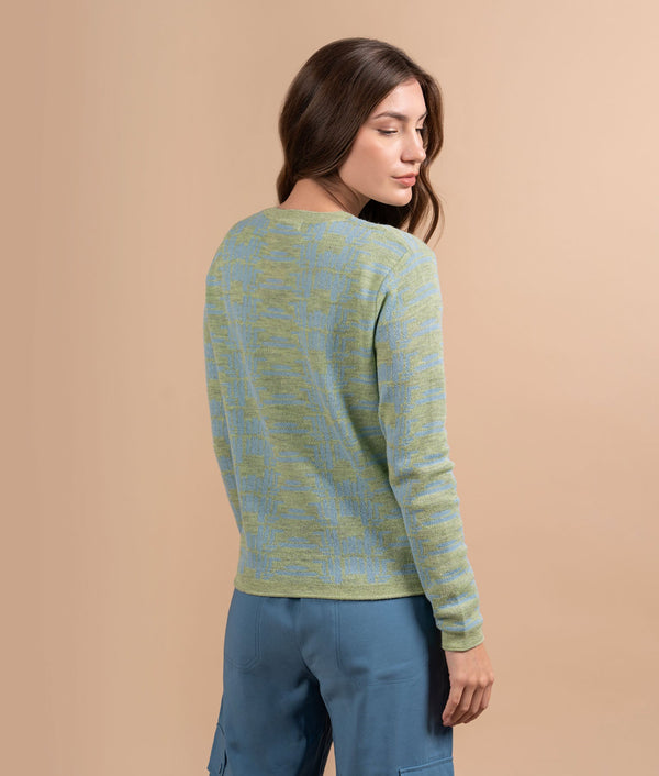 Mountains Crew Neck Sweater - Soft Lime Green And Muted Sky Blue