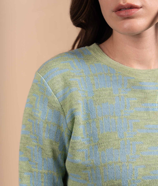 Mountains Crew Neck Sweater - Soft Lime Green And Muted Sky Blue