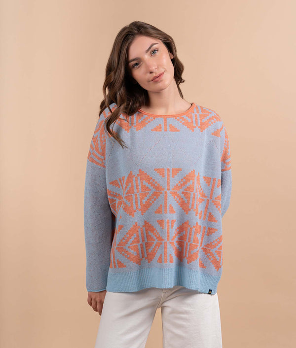 Oversized Jacquard And Lace Sweater - Pastel Blue And Coral Orange