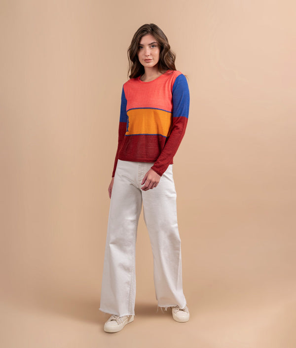 Striped Light Jersey Sweater With Embroidery - Burgundy And Electric Blue
