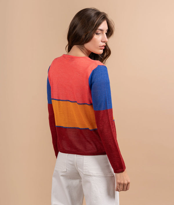 Striped Light Jersey Sweater With Embroidery - Burgundy And Electric Blue