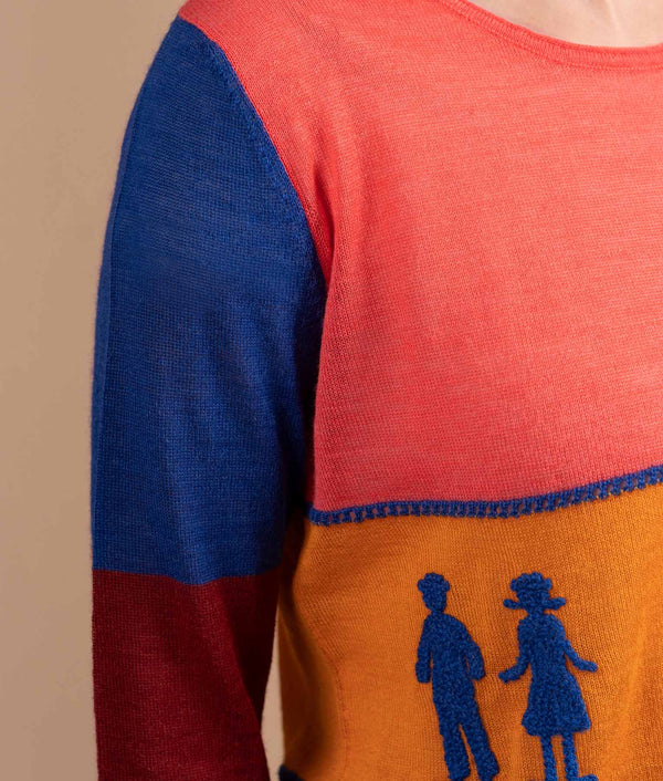 Striped Light Jersey Sweater With Embroidery - Burgundy And Electric Blue