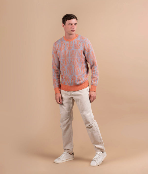 Beyond Trees Crew Neck Men's Sweater- Melon Orange And Sky Blue