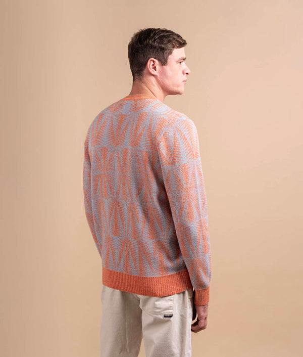 Beyond Trees Crew Neck Men's Sweater- Melon Orange And Sky Blue