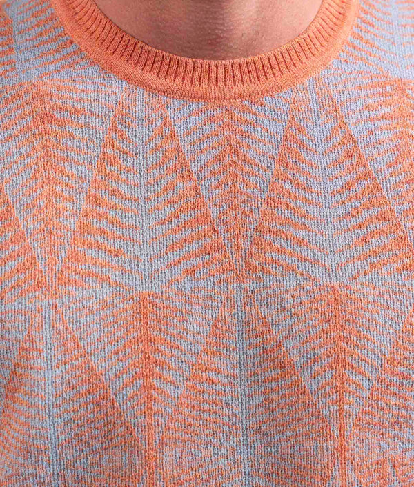 Beyond Trees Crew Neck Men's Sweater- Melon Orange And Sky Blue