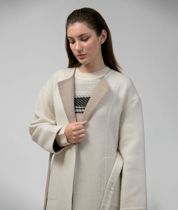 Belted Eased Coat Reversible - Antique White And Renewick Beige