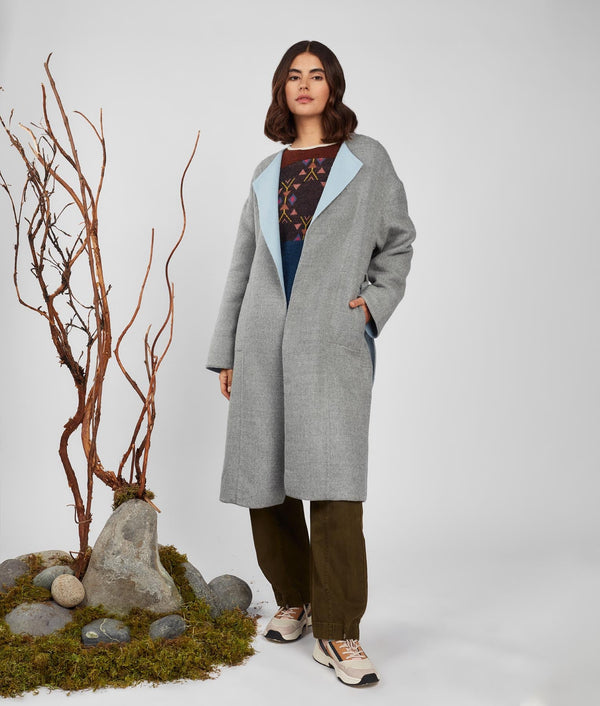 Belted Eased Coat Reversible - Drizzle And Heavenly Blue