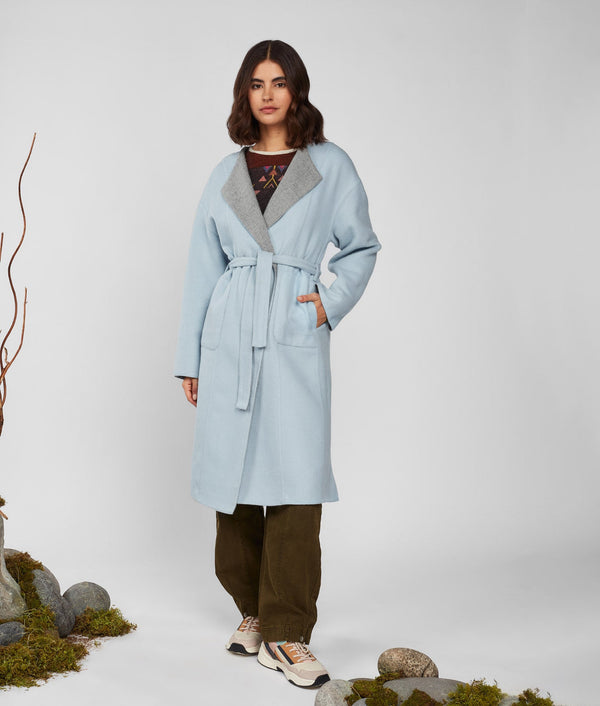 Belted Eased Coat Reversible - Drizzle And Heavenly Blue