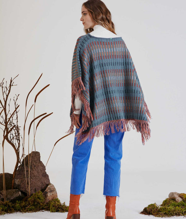 Poncho Striped Rib Reversible - Smooke Blue And Fusion Coral