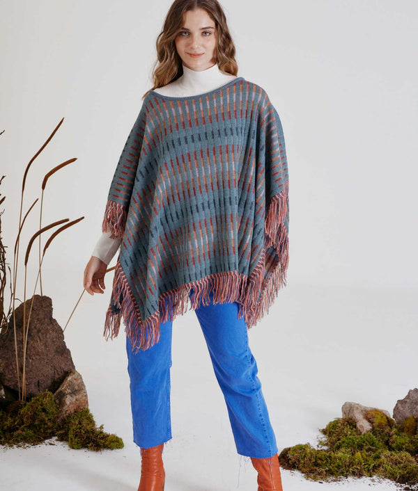 Poncho Striped Rib Reversible - Smooke Blue And Fusion Coral