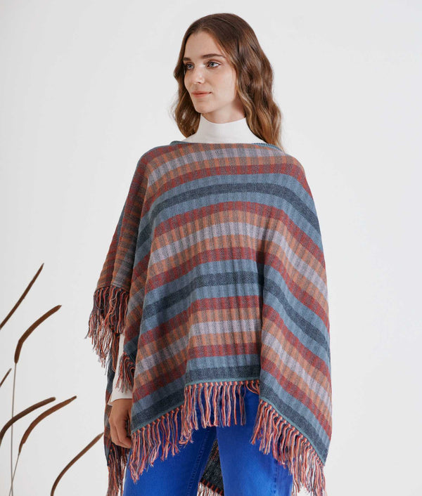Poncho Striped Rib Reversible - Smooke Blue And Fusion Coral