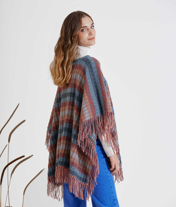 Poncho Striped Rib Reversible - Smooke Blue And Fusion Coral