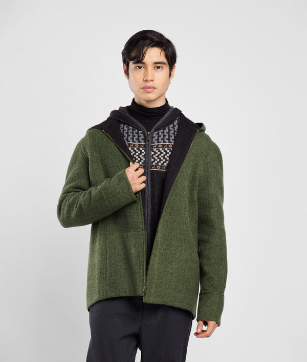 Hooded Reversible Jacket - olive branch and heather black