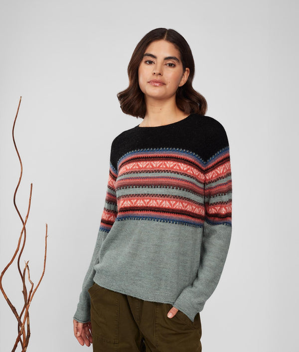 Her Yoke Jacquard O Neck Sweater - Slate Gray And Deep Sea Coral