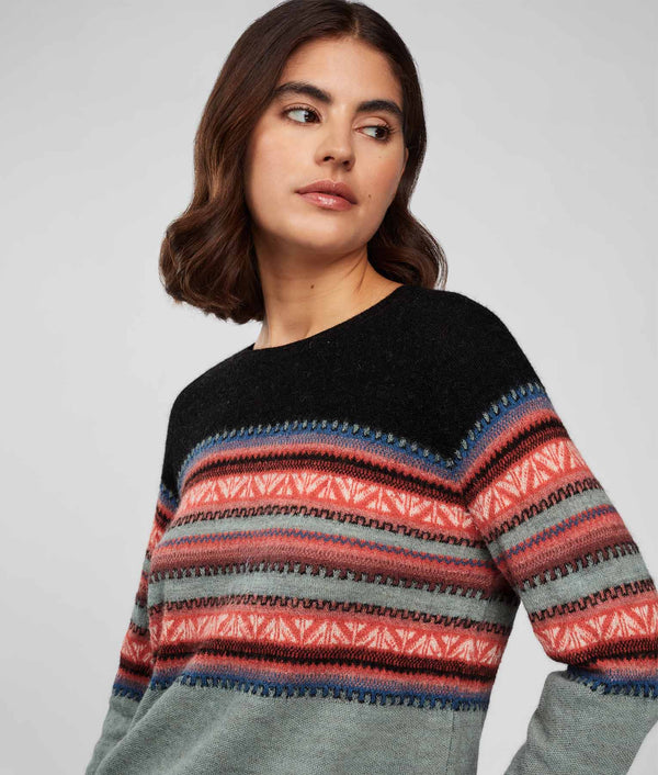 Her Yoke Jacquard O Neck Sweater - Slate Gray And Deep Sea Coral