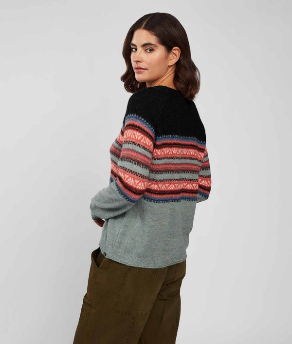 Her Yoke Jacquard O Neck Sweater - Slate Gray And Deep Sea Coral