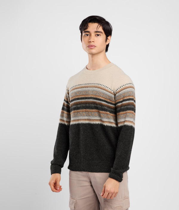 His Yoke Jacquard O Neck Sweater - Summer Sand And Black Beauty