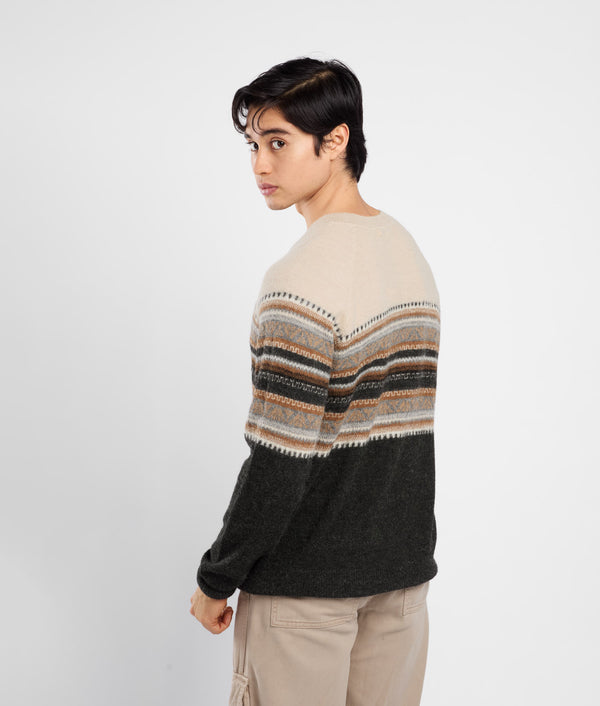 His Yoke Jacquard O Neck Sweater - Summer Sand And Black Beauty