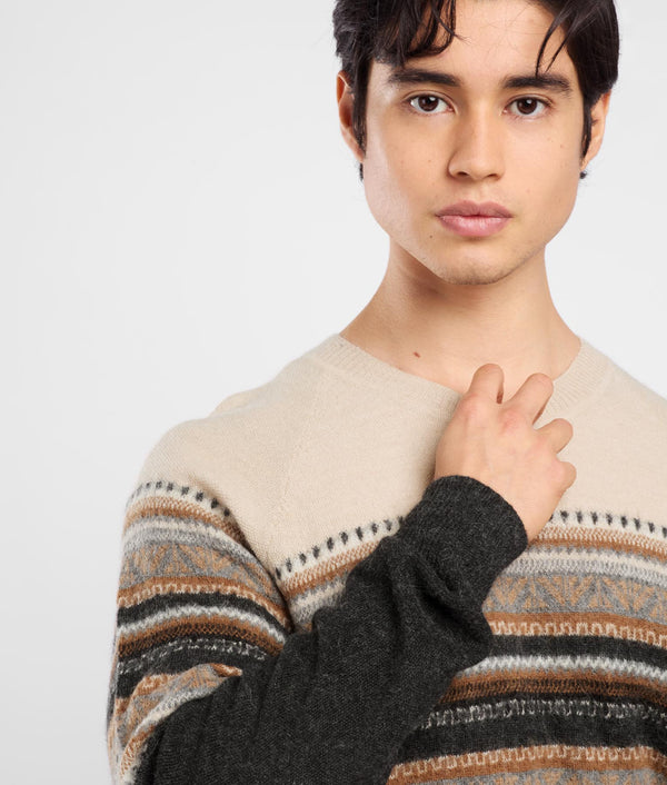 His Yoke Jacquard O Neck Sweater - Summer Sand And Black Beauty