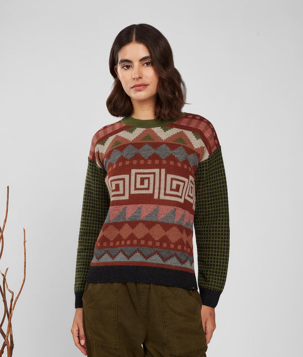 Jacqurd Mock Neck Sweater - Rifle Green And Fired Brick