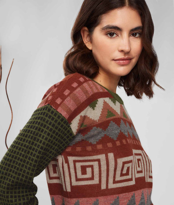 Jacqurd Mock Neck Sweater - Rifle Green And Fired Brick
