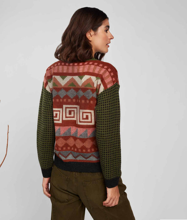 Jacqurd Mock Neck Sweater - Rifle Green And Fired Brick