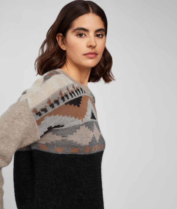 Yoke Jacquard Crew Neck Sweater - Tap Shoe And Cement