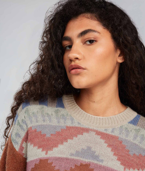 Yoke Jacquard Crew Neck Sweater - Frozen Fjord And Marron