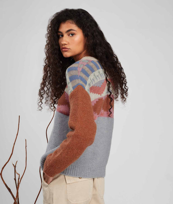 Yoke Jacquard Crew Neck Sweater - Frozen Fjord And Marron
