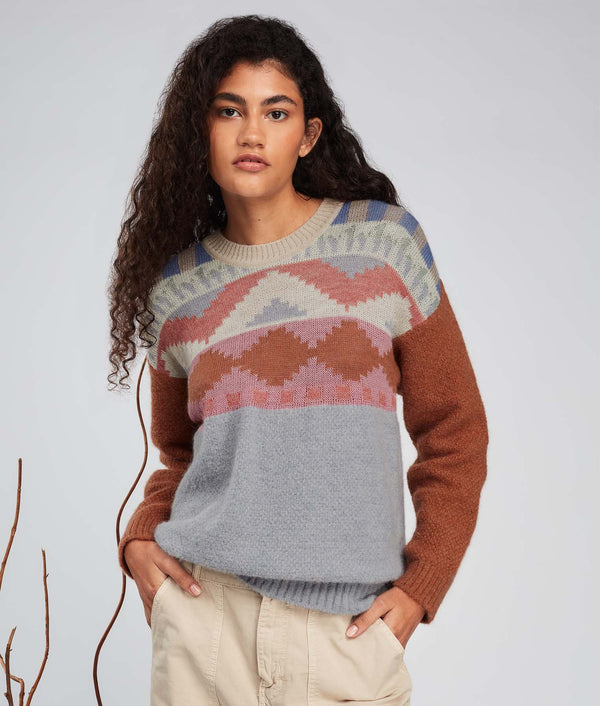 Yoke Jacquard Crew Neck Sweater - Frozen Fjord And Marron