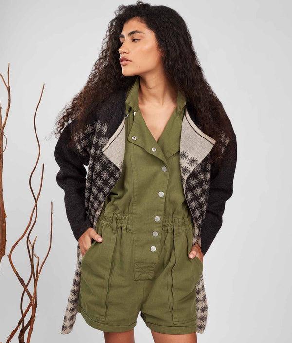 Bicolor Ptp Motif Double Face Cardigan - Black Bean And Cement