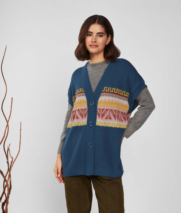Jacquard Landscape Vest - Cabernet And Majolica Blue