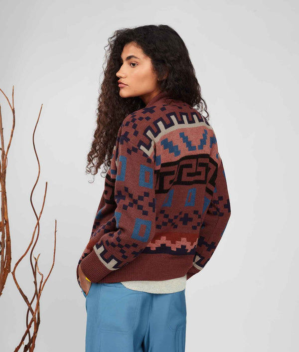 From The Heights Jacquard Shawl Neck Cardigan - Pesto And Cooper Brown