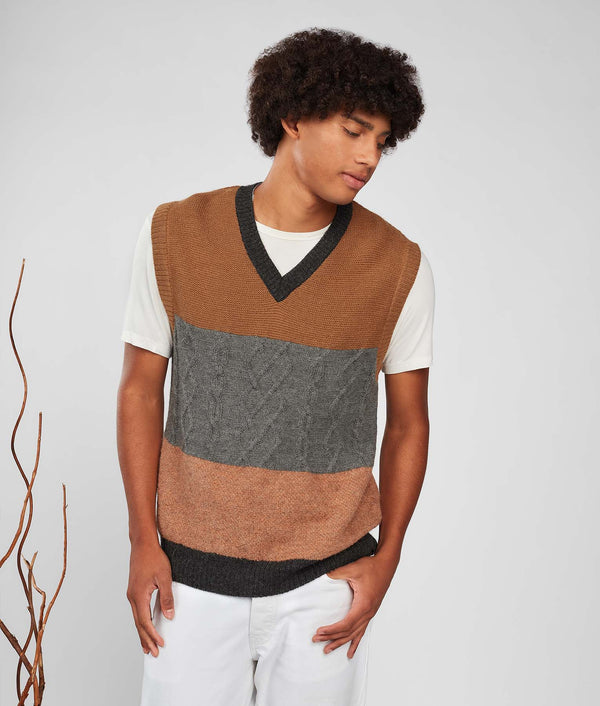 Men'S Textures & Cables Slipover - Amber Brown And Hematite