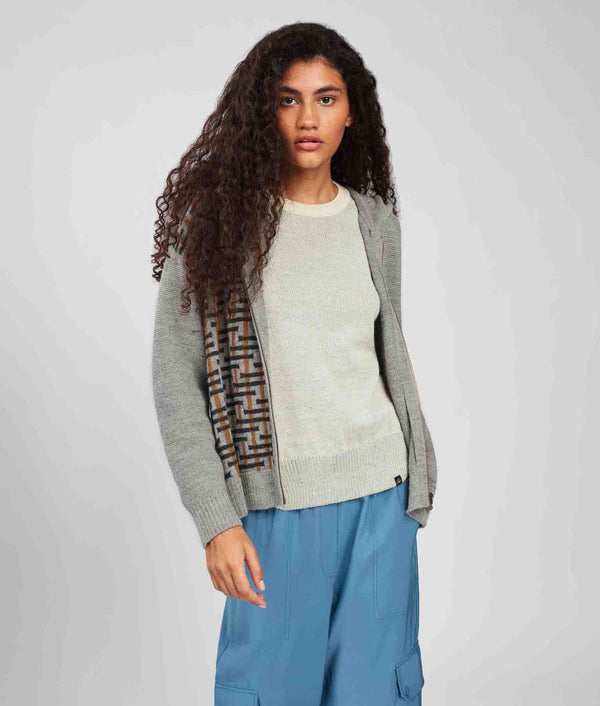Jacquard & Links Hoodie Full Zip Cardigan - Amber Brown And Forest Fog