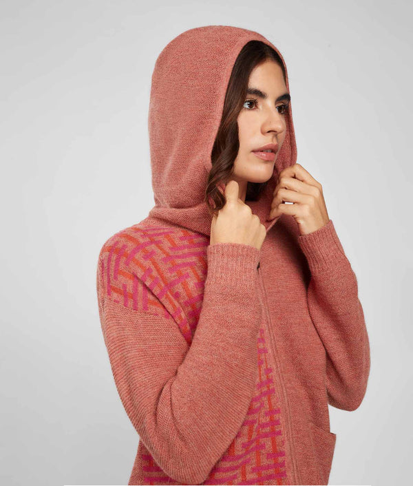 Jacquard & Links Hoodie Full Zip Cardigan - Tawny Orange And Paprika