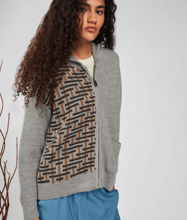 Jacquard & Links Hoodie Full Zip Cardigan - Amber Brown And Forest Fog