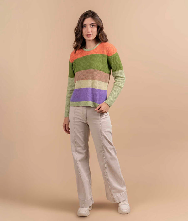Striped Honey Comb Crew Neck Sweater - Pumpkin Orange And Mid Lime Green