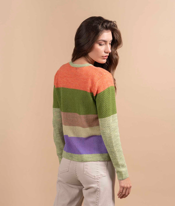 Striped Honey Comb Crew Neck Sweater - Pumpkin Orange And Mid Lime Green