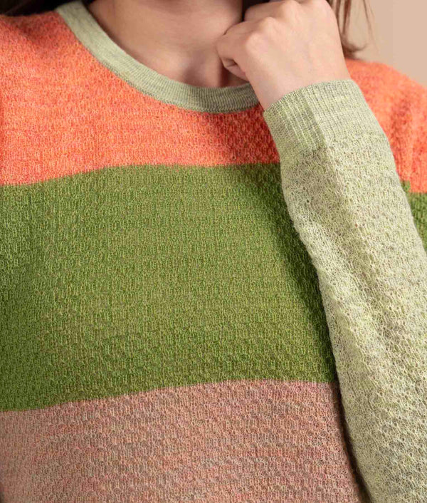 Striped Honey Comb Crew Neck Sweater - Pumpkin Orange And Mid Lime Green
