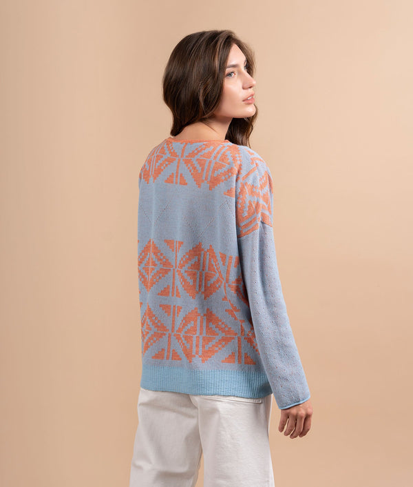 Oversized Jacquard And Lace Sweater - Pastel Blue And Coral Orange